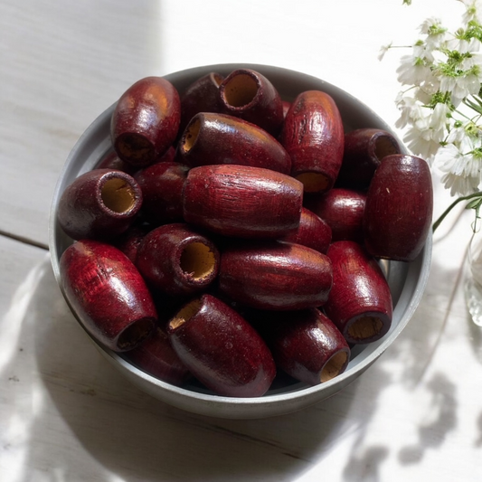 12 Pack | Oval Wooden Beads | 30mm x 18mm | Hole 9mm | Dark Red - Cottonknotsxx