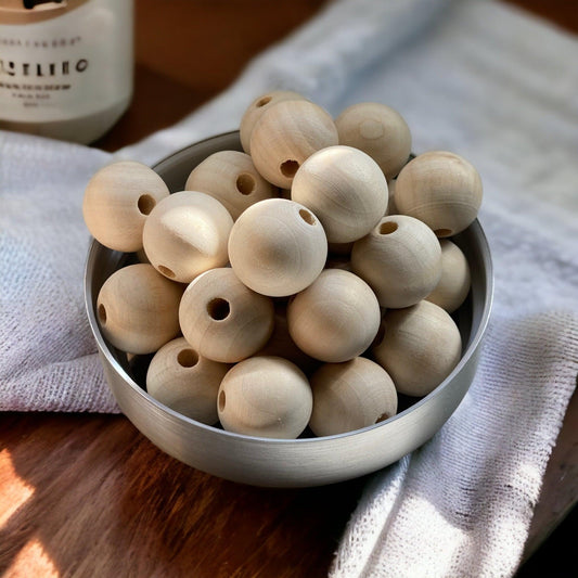 24 Beads | Natural Round Wooden Beads | 25mm | Hole: 6~7mm - Cottonknotsxx