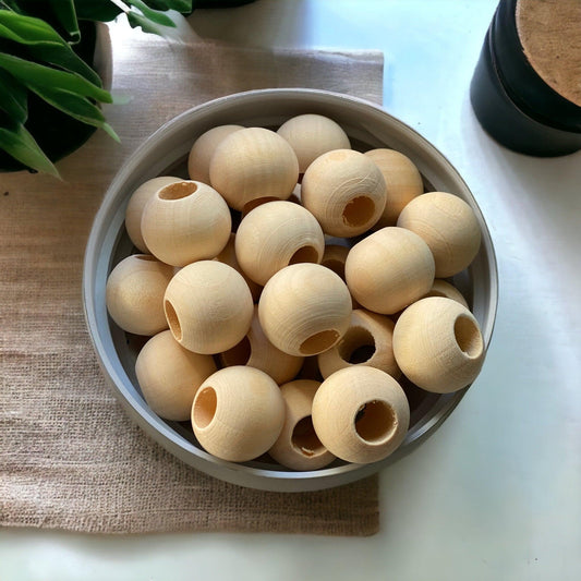 24 PACK Large Natural Round Wooden Beads | 24mm | 9~11mm hole - Cottonknotsxx