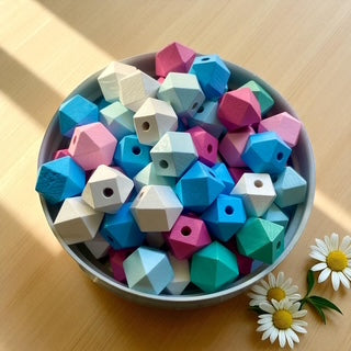 24 Pack | Polygon Wooden Beads | 15mm | Hole 3.5mm | MIXED COLOURS - Cottonknotsxx