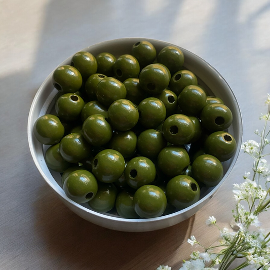 24 Pack | Round Wooden Beads | 16mm | Hole 4mm | Olive - Cottonknotsxx
