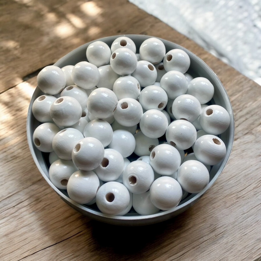 24 Pack | Round Wooden Beads | 16mm | Hole 4mm | White - Cottonknotsxx