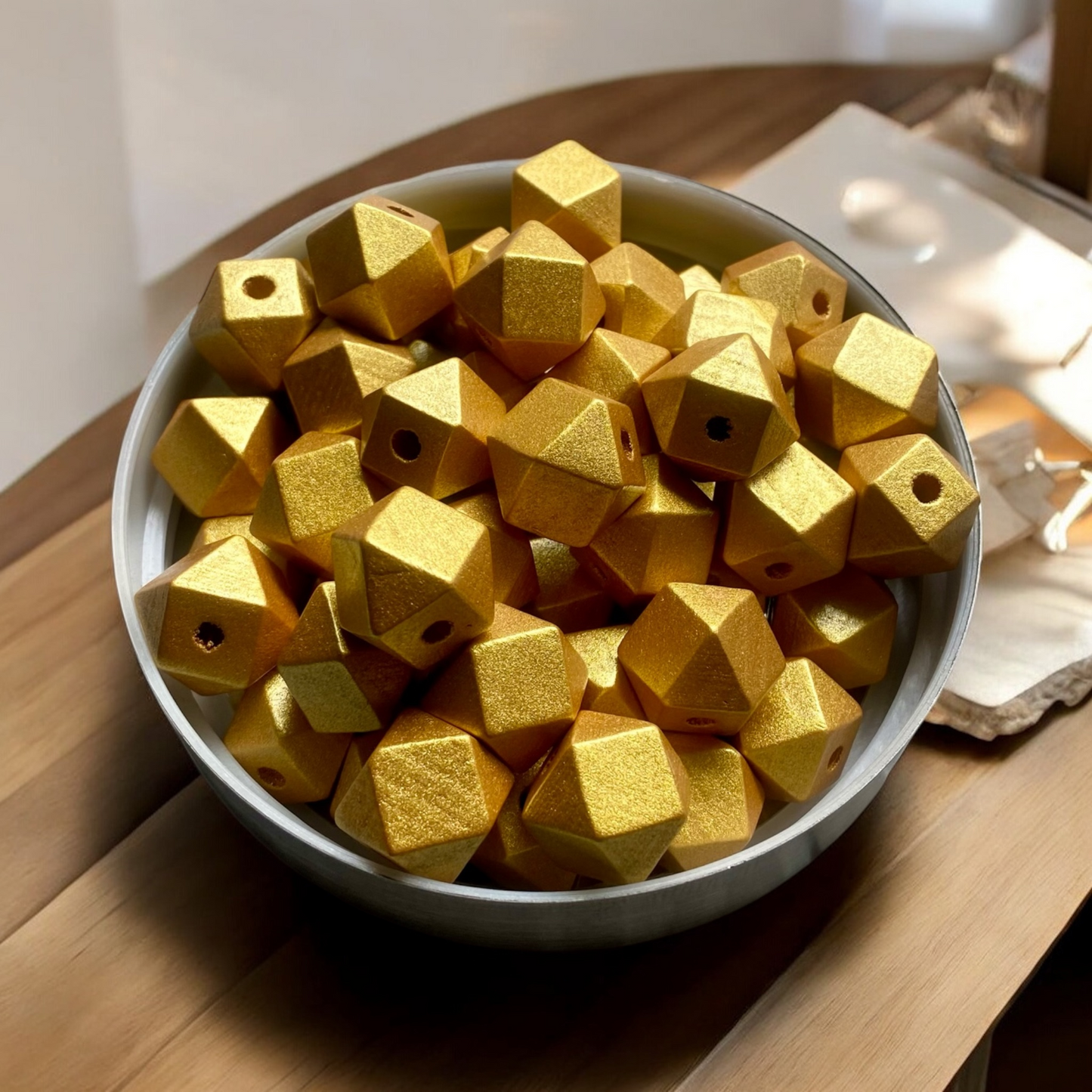 24 Pack | Wooden Polygon Beads | 15.5 x 16 x 16mm | Hole 3.5mm | Gold - Cottonknotsxx