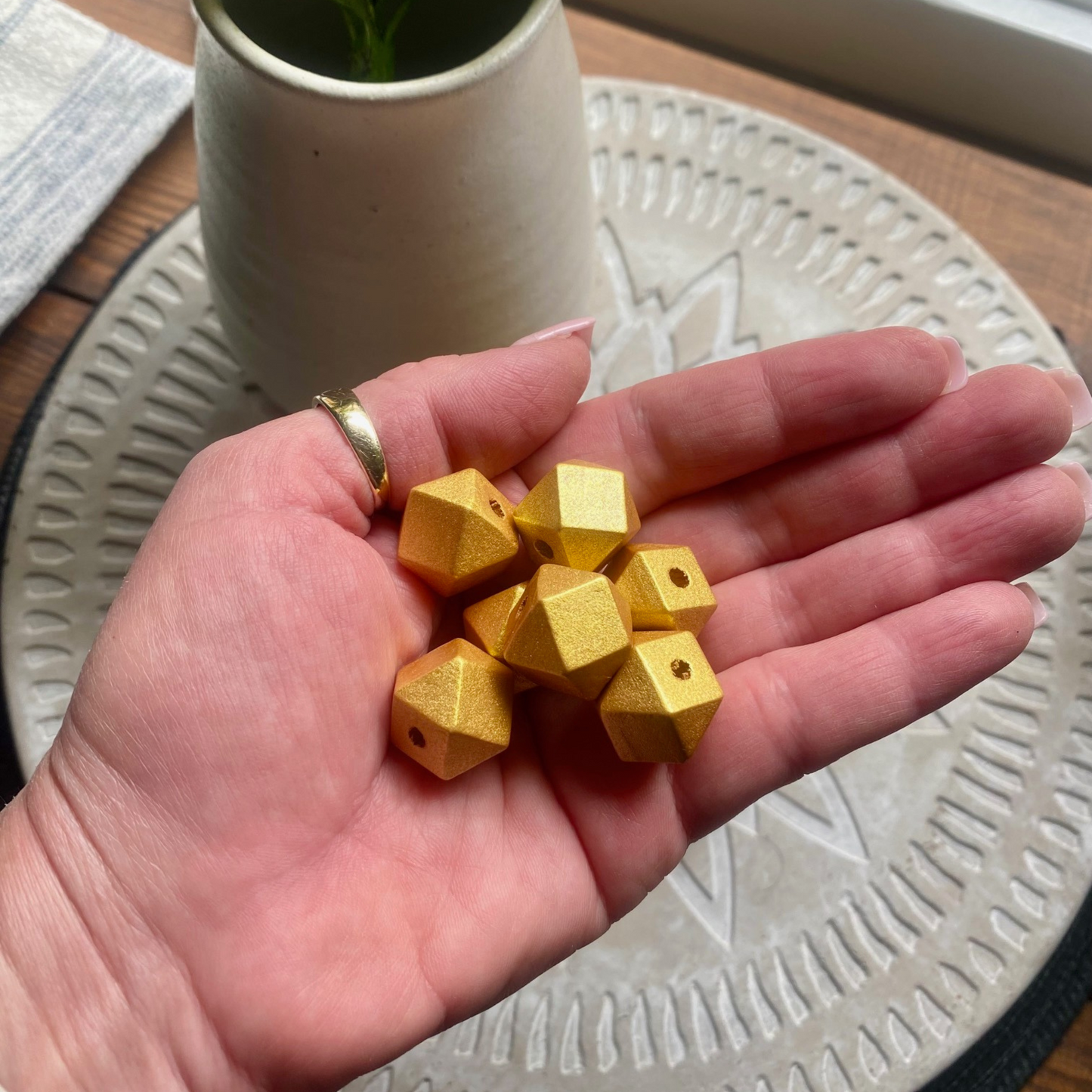 24 Pack | Wooden Polygon Beads | 15.5 x 16 x 16mm | Hole 3.5mm | Gold - Cottonknotsxx