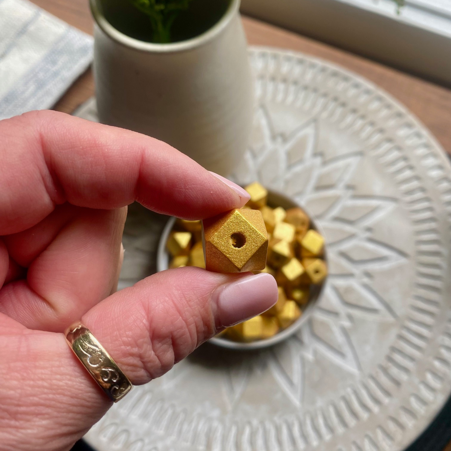 24 Pack | Wooden Polygon Beads | 15.5 x 16 x 16mm | Hole 3.5mm | Gold - Cottonknotsxx