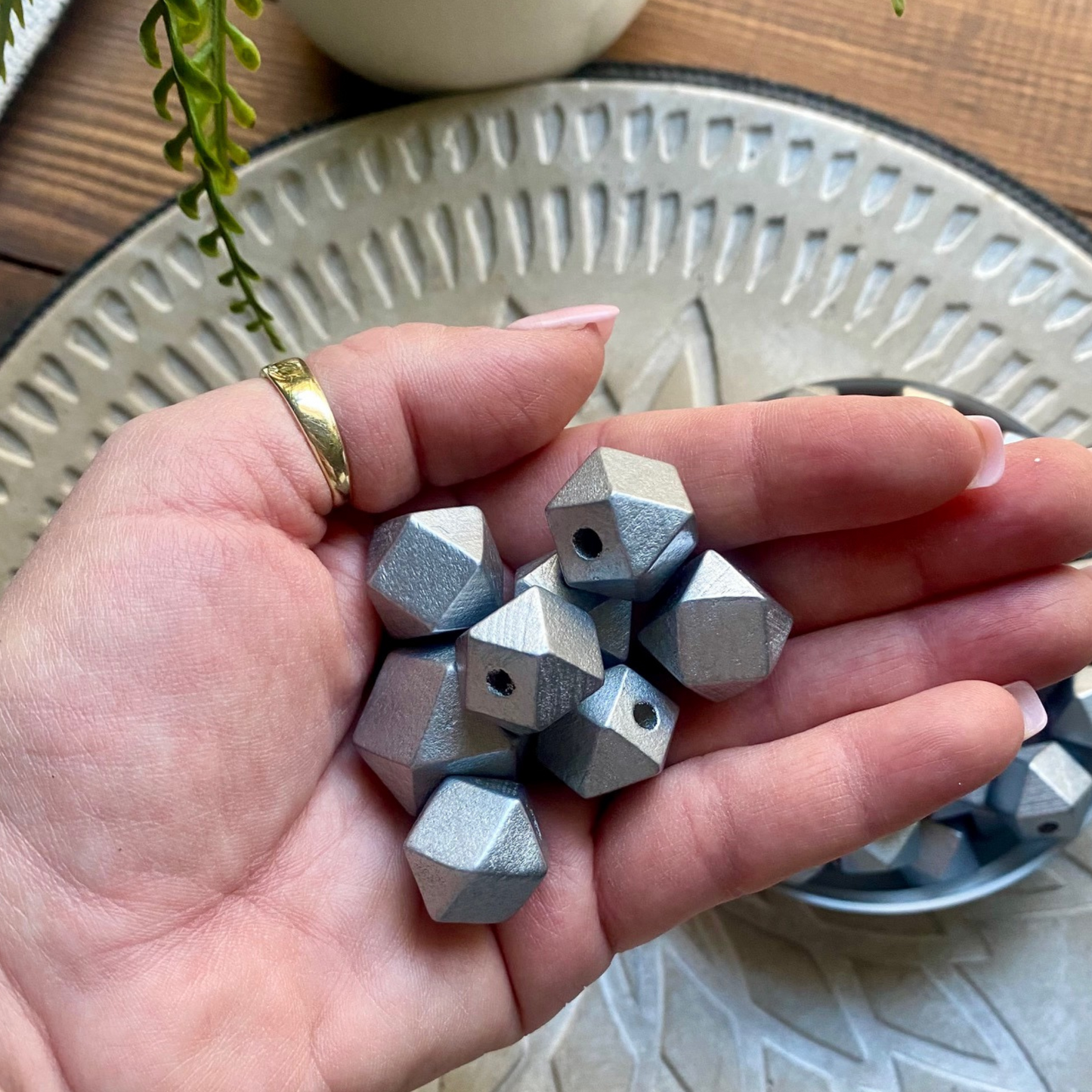 24 Pack | Wooden Polygon Beads | 15.5 x 16 x 16mm | Hole 3.5mm | Silver - Cottonknotsxx