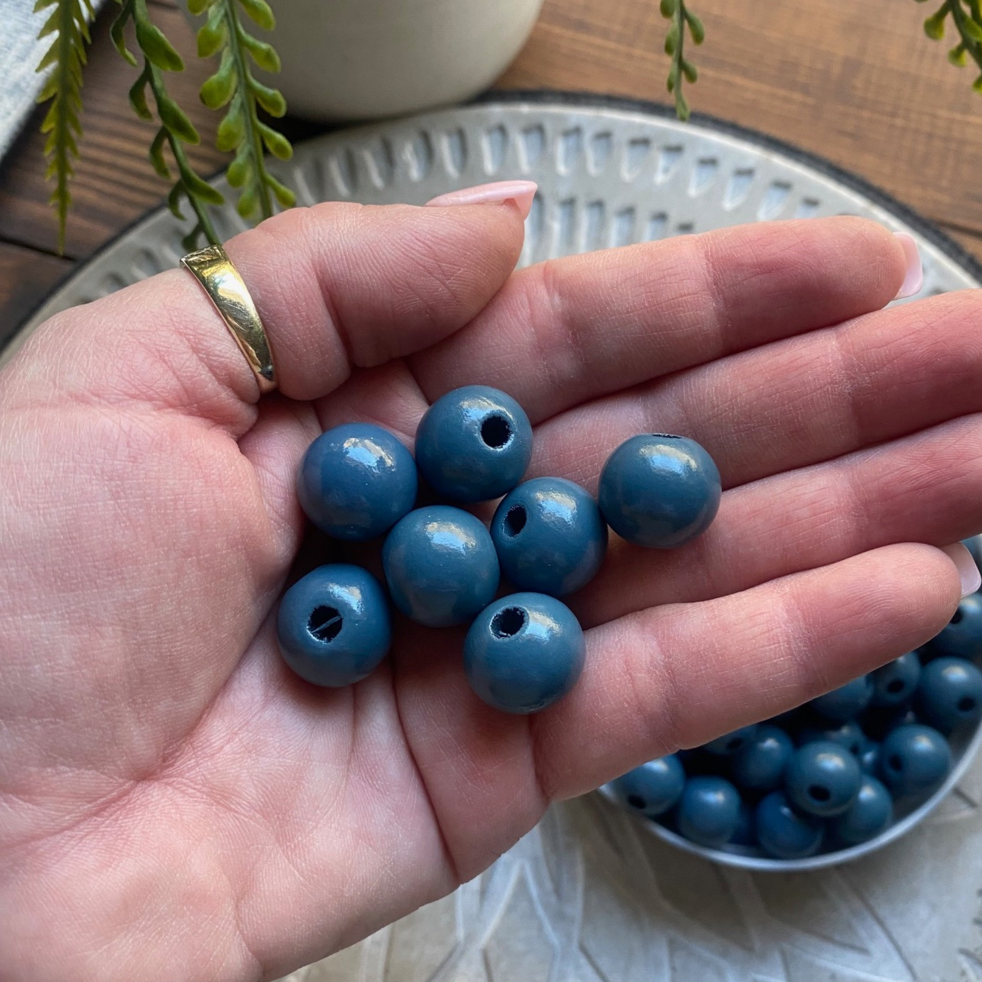 24 Pack | Wooden Round Beads | 16 x 15mm | Hole 4mm | Steel Blue - Cottonknotsxx