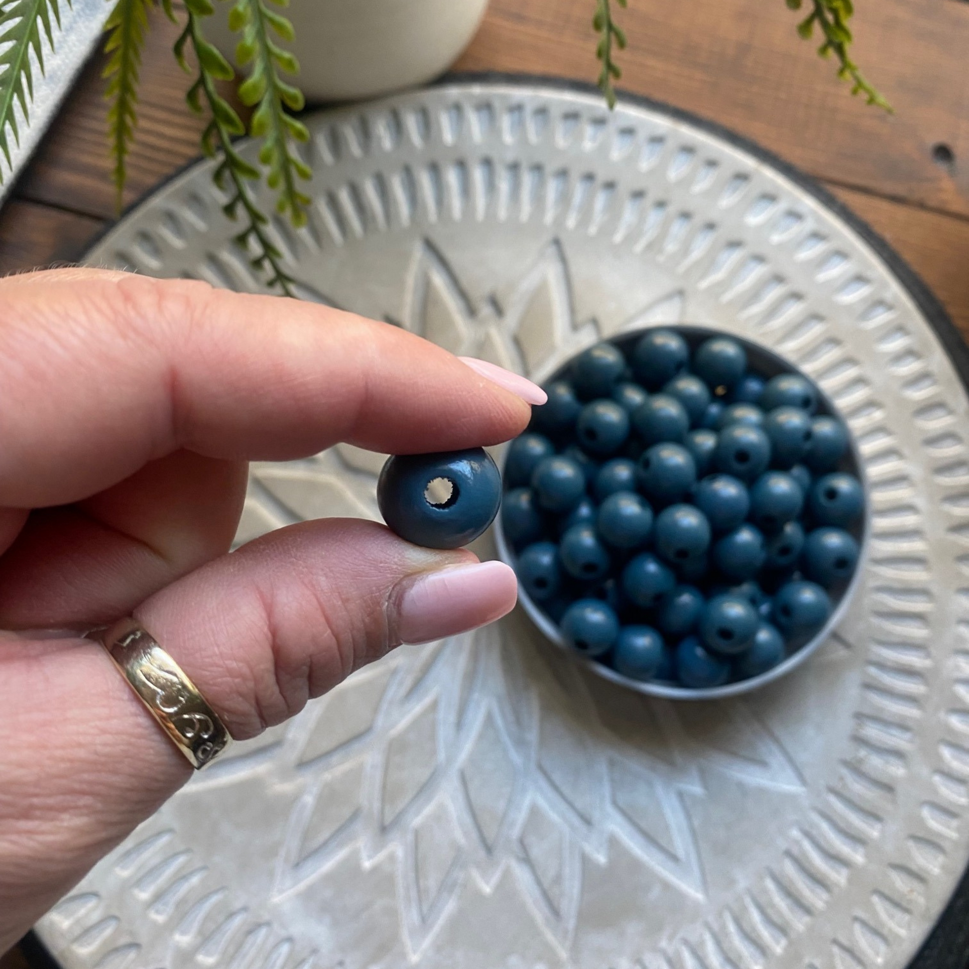 24 Pack | Wooden Round Beads | 16 x 15mm | Hole 4mm | Steel Blue - Cottonknotsxx