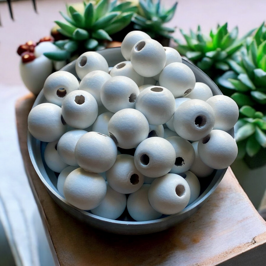 24 Pack | Wooden Round Beads | 20 x 18mm | Hole 4mm | White - Cottonknotsxx