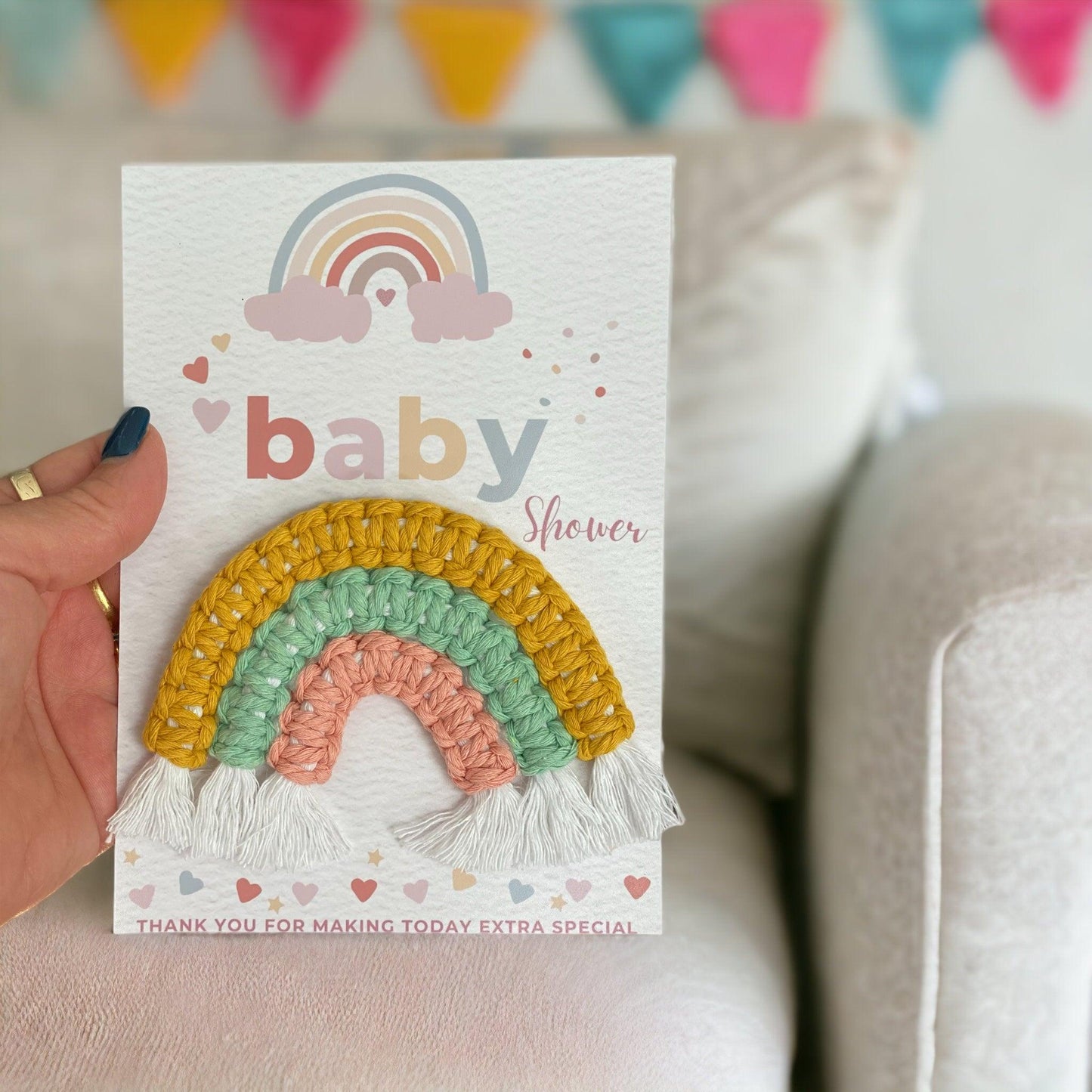Baby Shower Thank you Bomboniere | Macrame Rainbow Fridge Magnet | Handmade Gift with Card - Cottonknotsxx