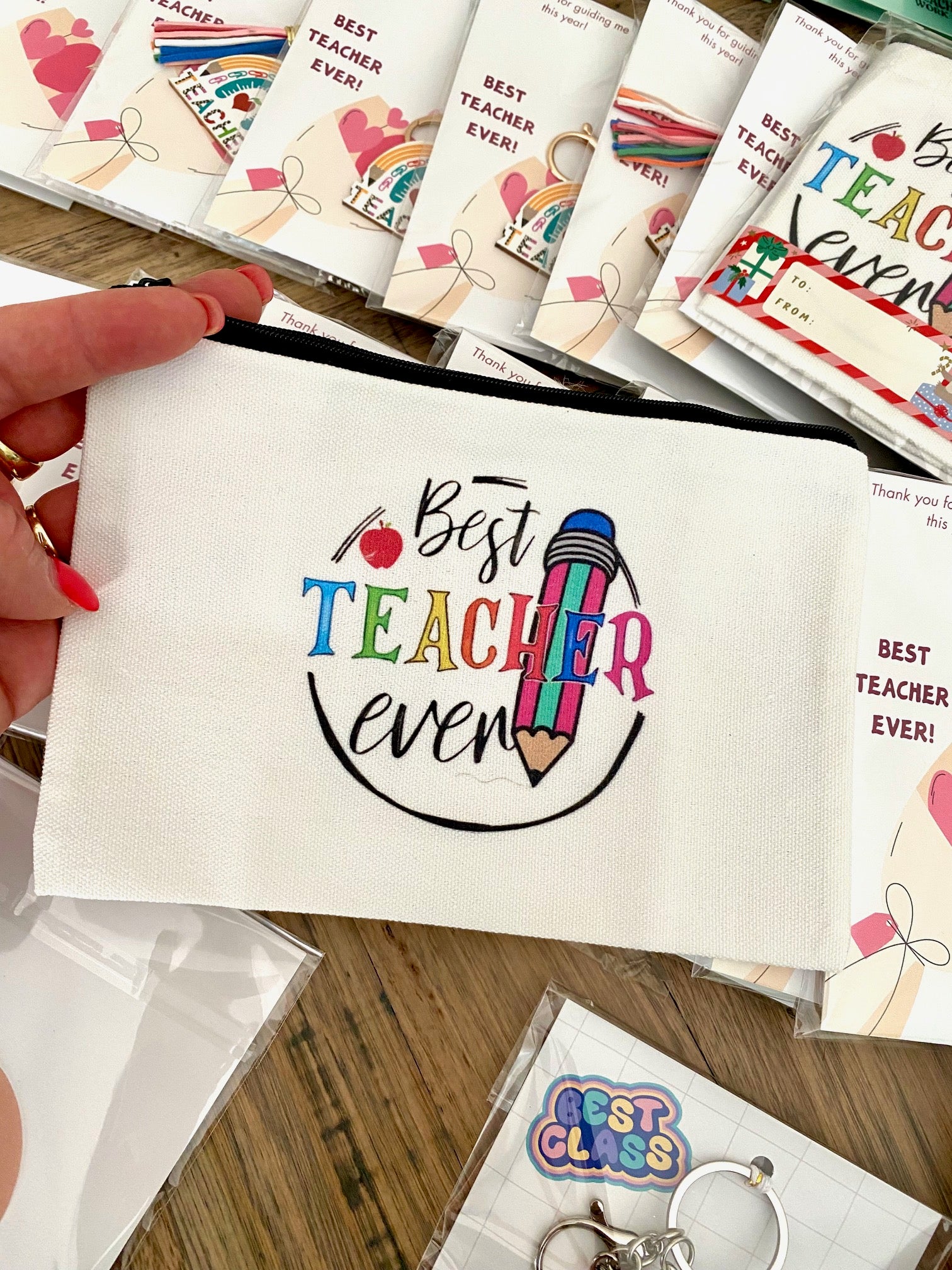 🎨 Colourful & Clever: "Best Teacher Ever" Pencil Case & Keyring Gift Set - Cottonknotsxx