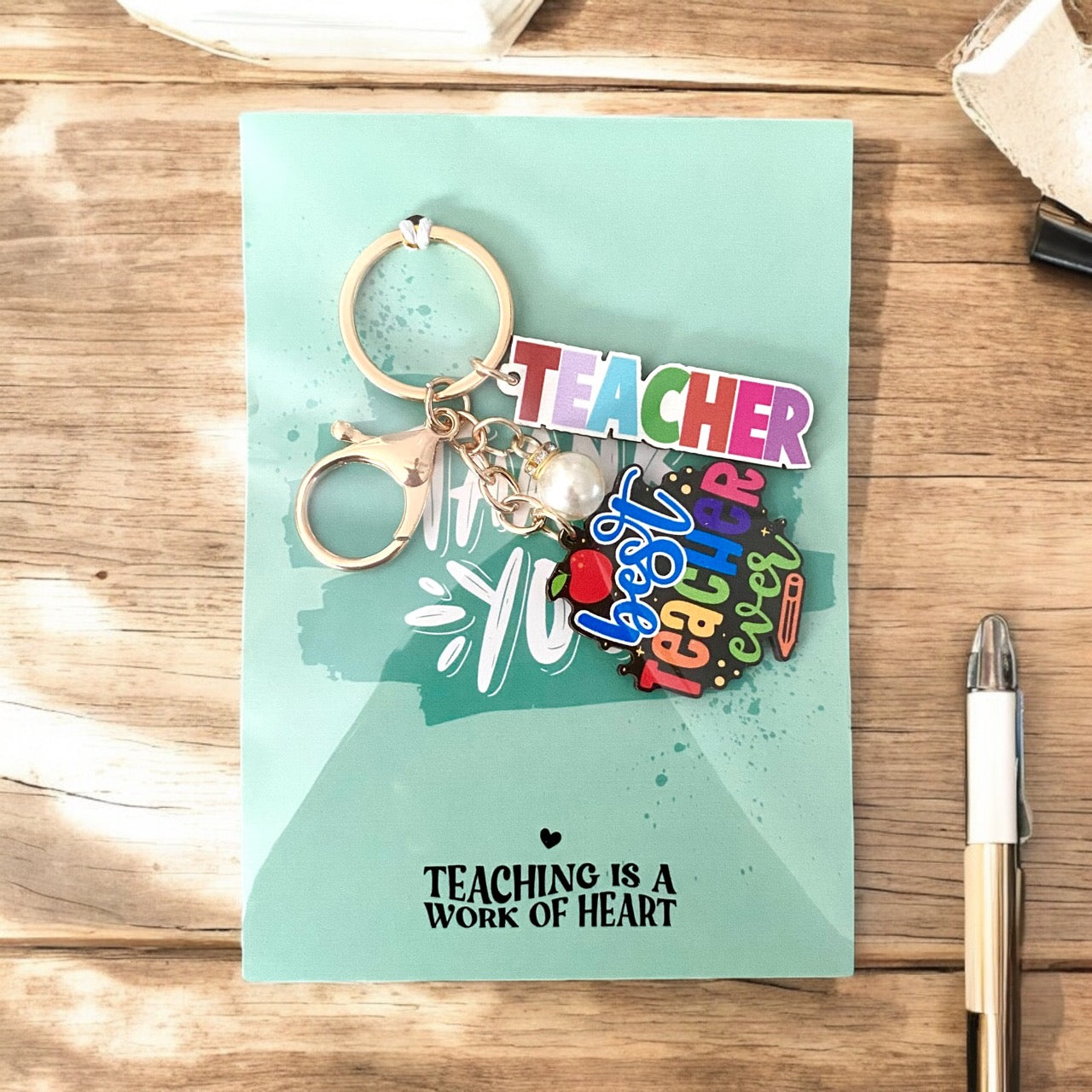 🎨 Colourful & Clever: "Best Teacher Ever" Pencil Case & Keyring Gift Set - Cottonknotsxx