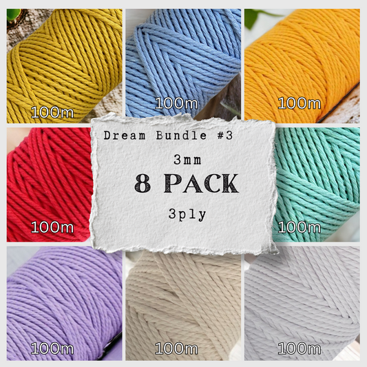 DREAM BUNDLE #3 | 3mm 3ply Macrame Cord | 8 ROLLS | 100m each | 100% Cotton - Cottonknotsxx