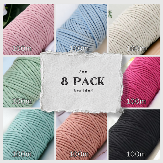 DREAM BUNDLE #4 | 3mm BRAIDED Macrame Cord | 8 ROLLS | 100m each | 100% Cotton - Cottonknotsxx