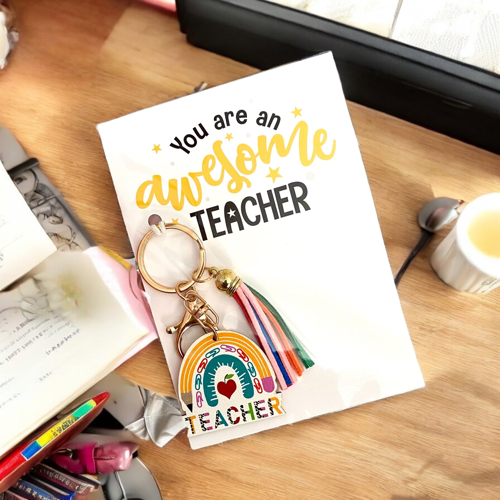 Rainbow Cheers for an Awesome Teacher – Gift Card & Keyring Set - Cottonknotsxx