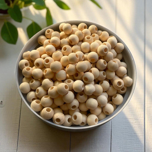 100 Pack | Round Natural Wooden Beads | 10x7.5mm | Hole 4mm - Cottonknotsxx