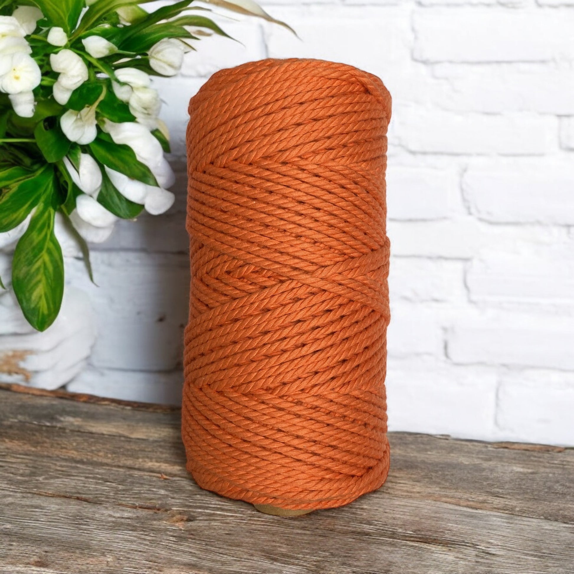 A large spool of orange twine stands upright on a wooden surface. In the background, there is a white brick wall and a plant with green leaves and white flowers on the left side.