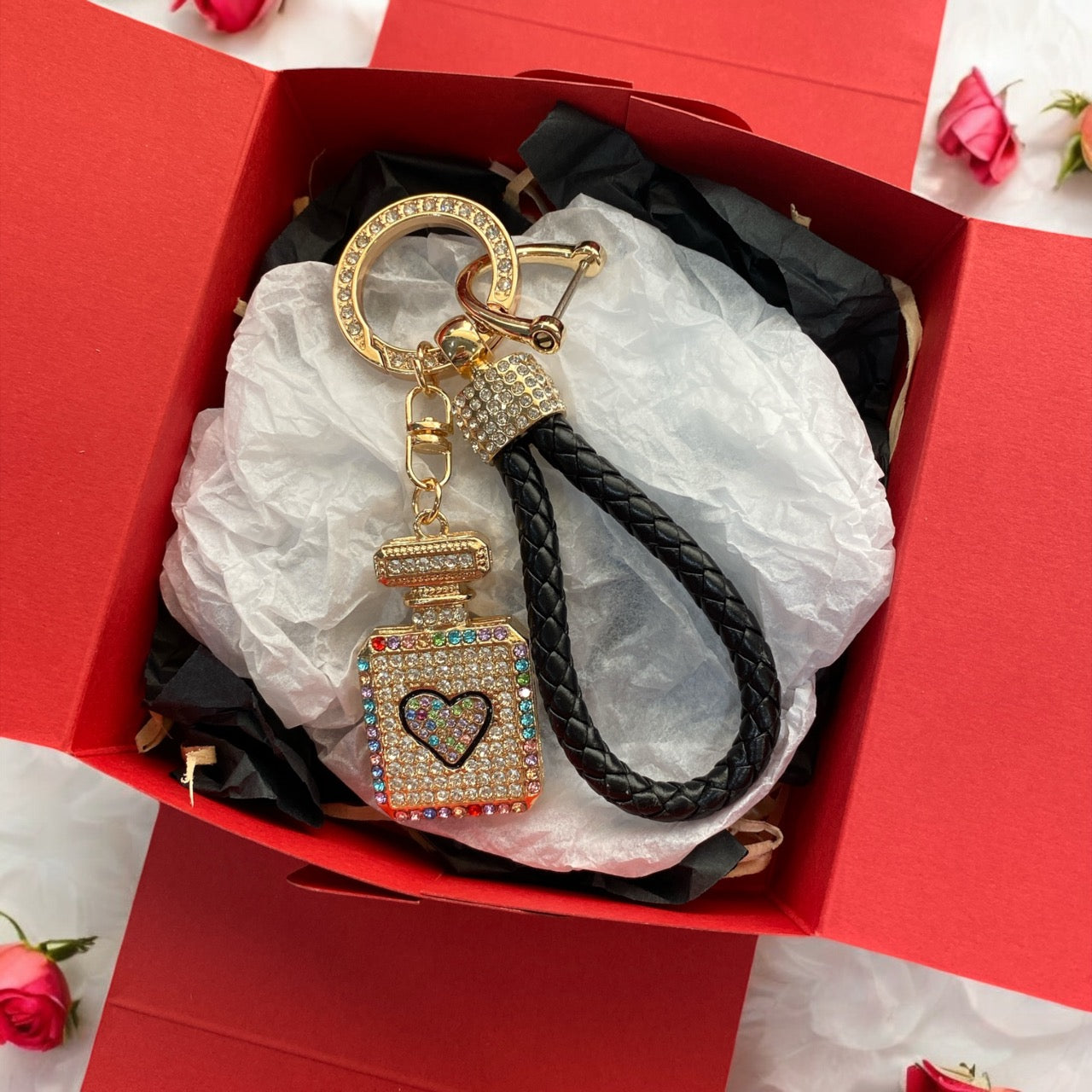 Rhinestone Silver Bundle Keychain In Gift Box | Black Strap | Gift Box Included