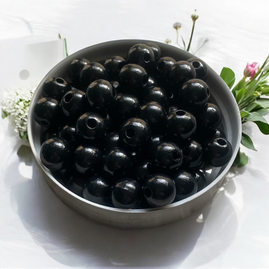 24 Pack | Round Wooden Beads | 16mm | Hole 4mm | Black