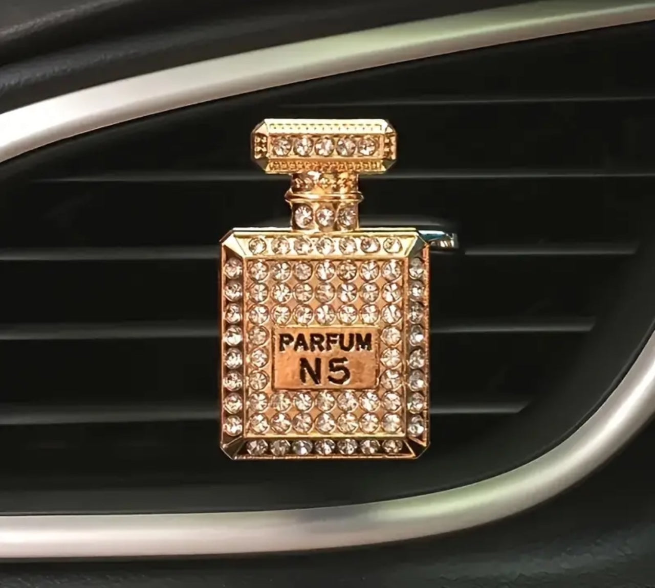 Stylish Gold-coloured Diamante Perfume N5 Bottle Car Vent Diffuser Decor Clip | Gift Box Included