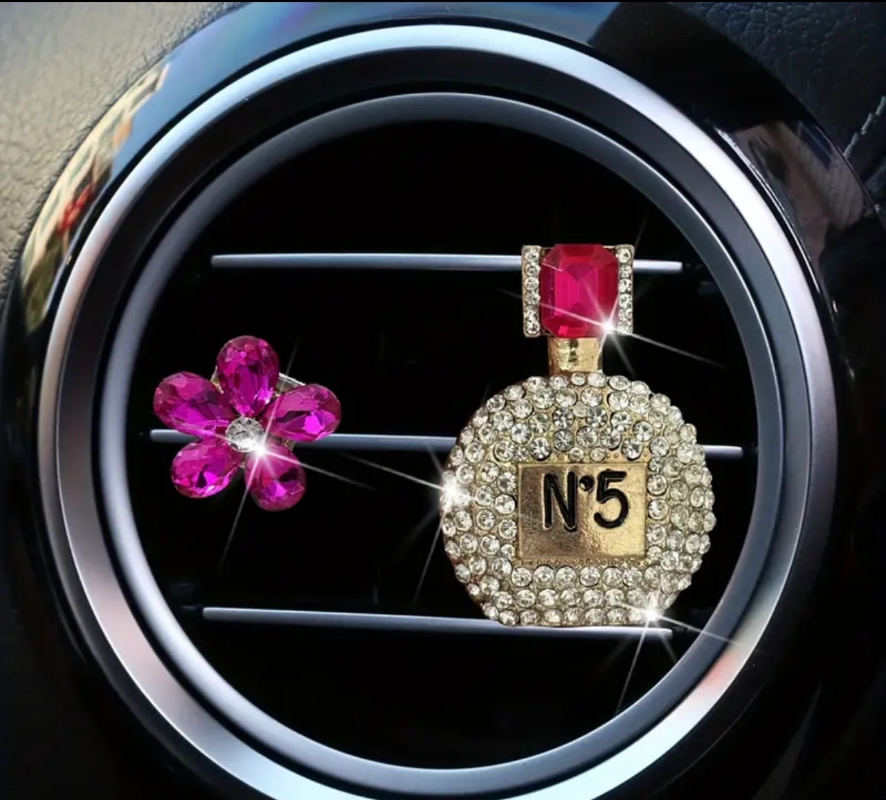 Diamante Parfum N5 Bottle with Crystal Flower | Car Clip Decor | Gift Box Included