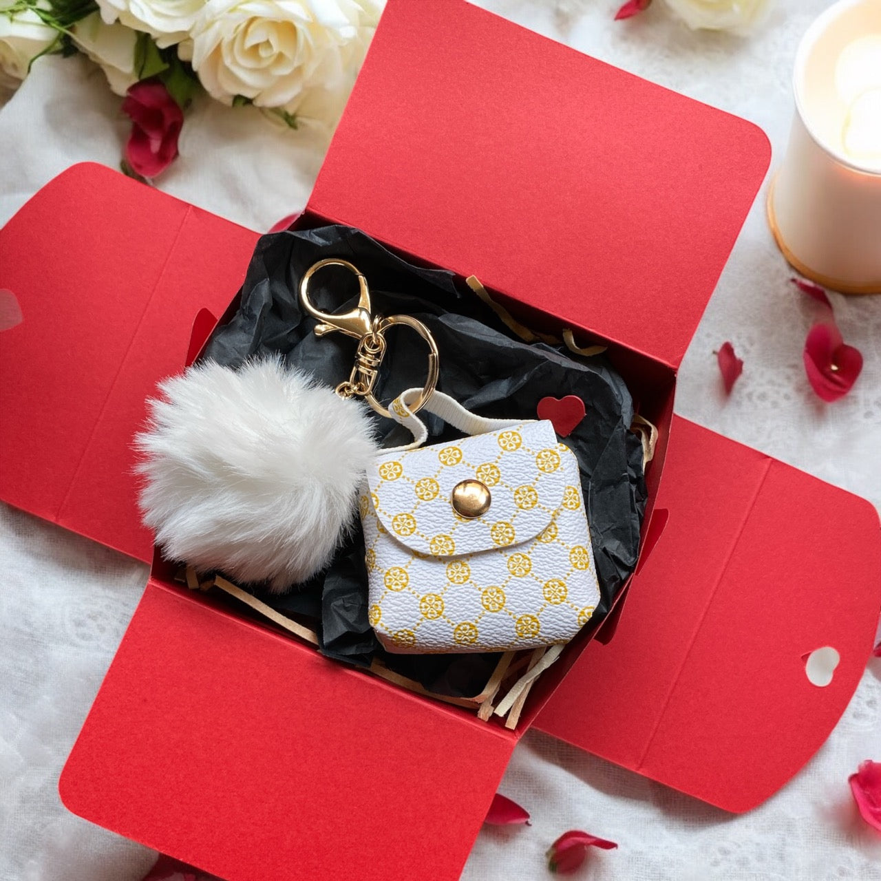 Stylish Coin Purse and Pom Pom Keyring Giftset | White | Gift Box Included