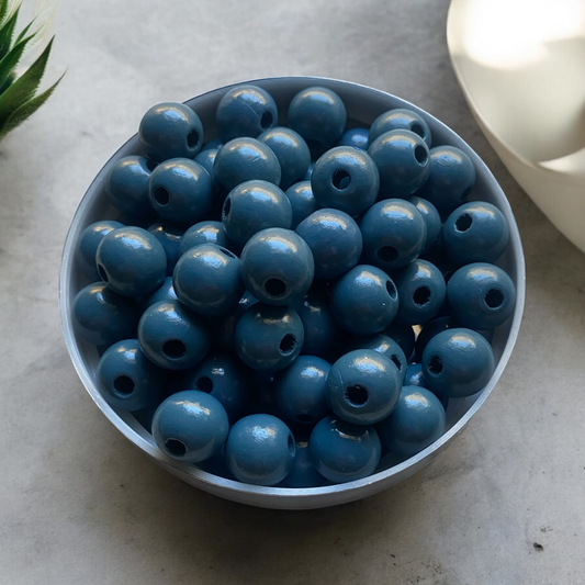 24 Pack | Wooden Round Beads | 16 x 15mm | Hole 4mm | Steel Blue