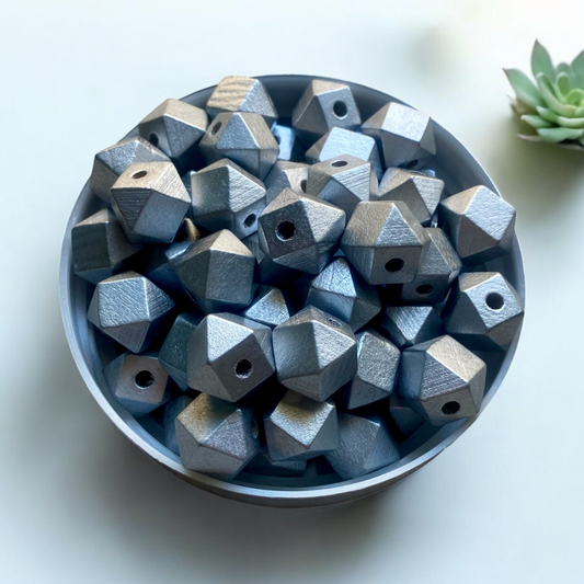 24 Pack | Wooden Polygon Beads | 15.5 x 16 x 16mm | Hole 3.5mm | Silver