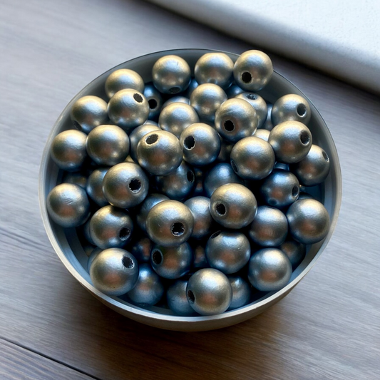 24 Pack | Wooden Round Beads | 16mm | Hole 4mm | Silver