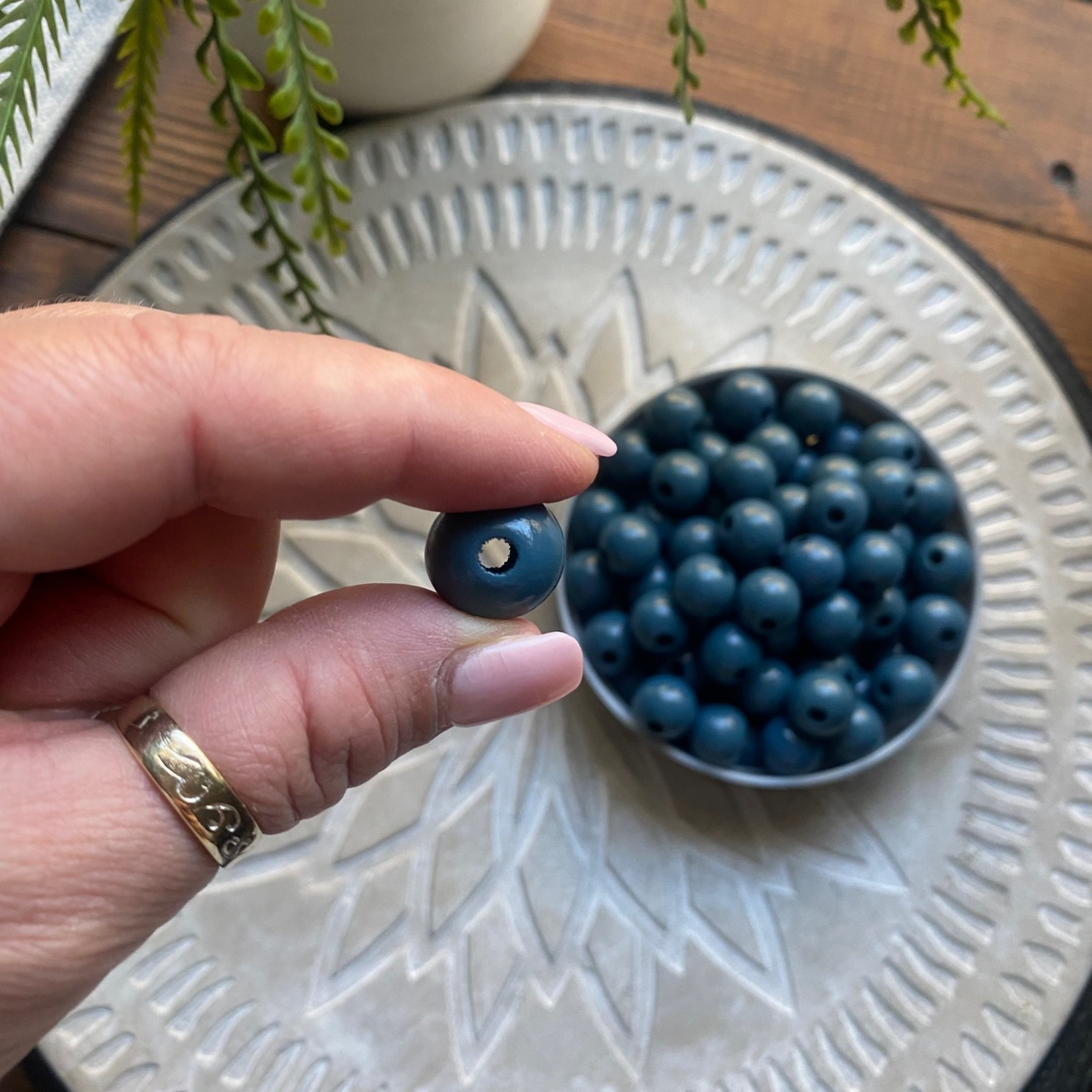 24 Pack | Wooden Round Beads | 16 x 15mm | Hole 4mm | Steel Blue