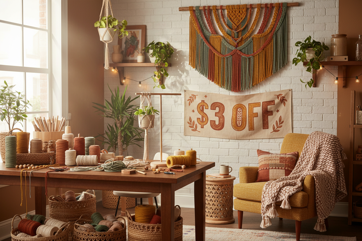 Macrame cords on a craft table.  A macrame wall hanging hangs on the wall in the background.  Add a $3 off banner.  Make the room warm and cosy and colourful
