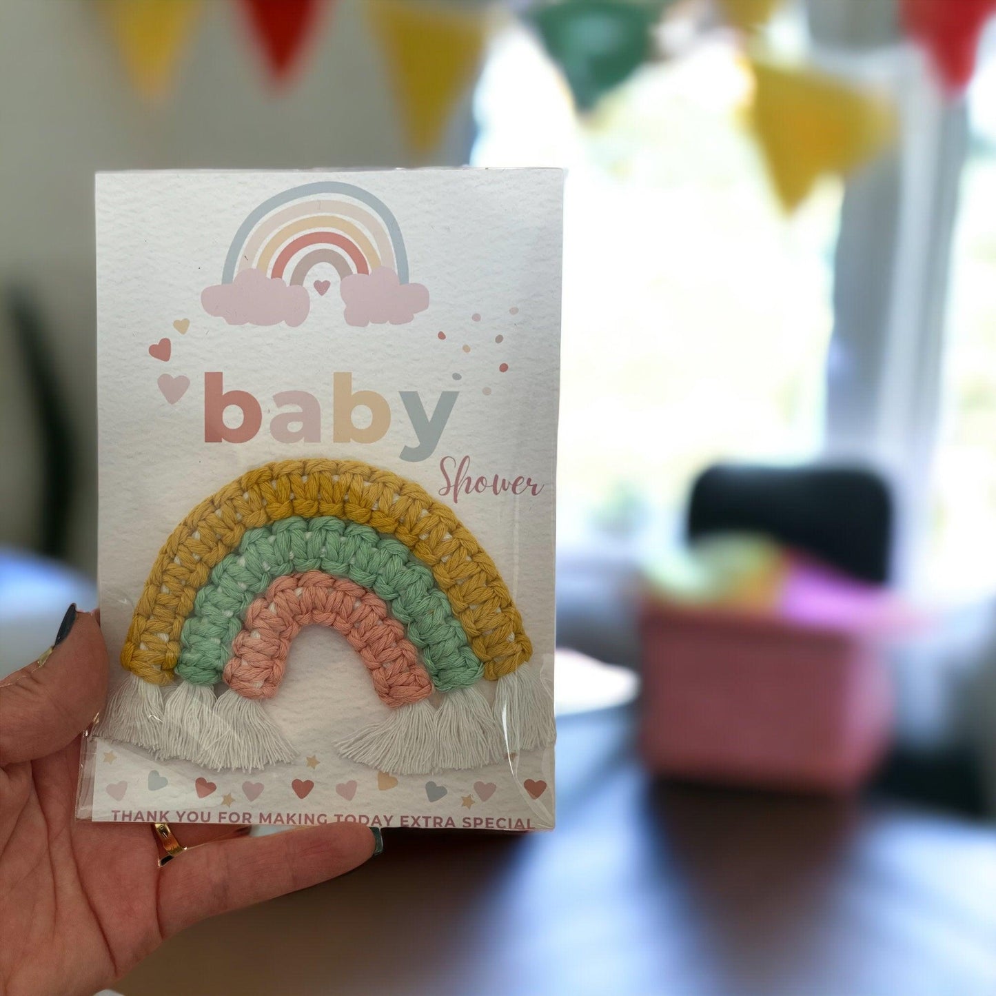 Baby Shower Thank you Bomboniere | Macrame Rainbow Fridge Magnet | Handmade Gift with Card - Cottonknotsxx