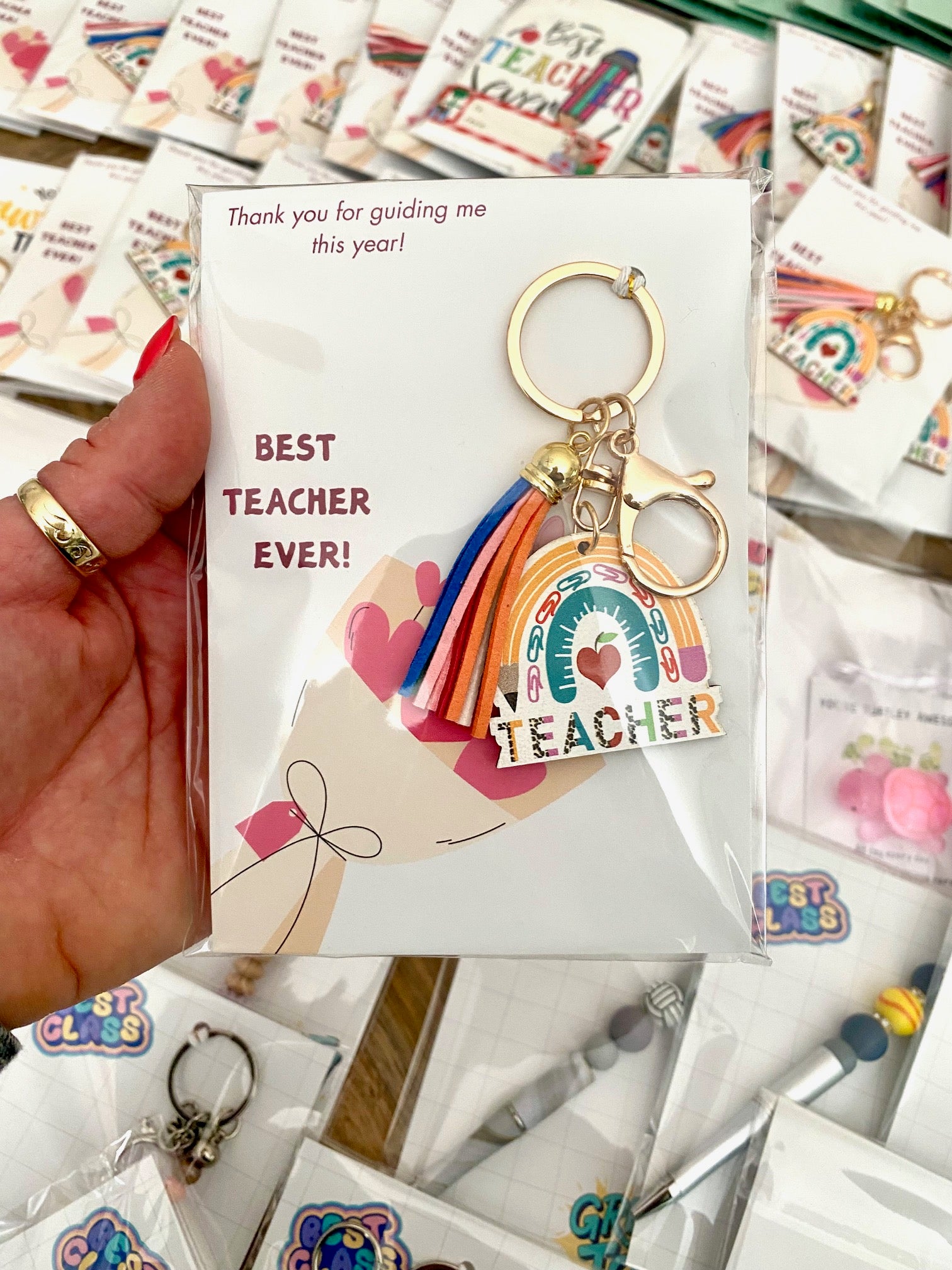 Teacher Appreciation Set – Rainbow Keyring, Card & Pencil Case - Cottonknotsxx